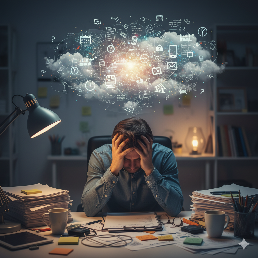 タスクに追われ頭の中がごちゃごちゃになった男性のイメージ