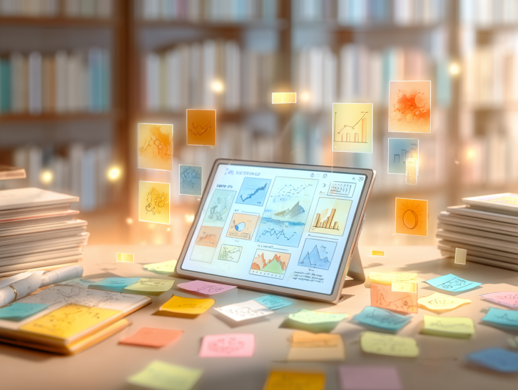 明るいテーブルの上で、色とりどりの付箋を使ってアイデアを整理する様子。デジタルタブレットとアナログな付箋が調和した、創造的なワークフローのひとコマ。