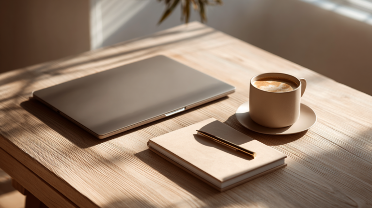 朝の柔らかな光が差し込む木目調のデスクに置かれた、書き込みのあるノートとペン、ノートPC、そして温かいコーヒー。思考を整理し始める穏やかな時間の風景。
