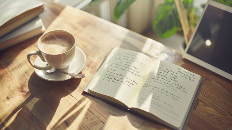 朝の柔らかな光が差し込む温かいオーク材のデスクを真上から捉えた写真。中央には手書きの図解が記されたノートと、その横に湯気が静かに立ち上る手作りのセラミックマグに入った温かいコーヒー。ノートから伸びる緑色の紙の矢印が、右側のタブレットへと繋がっている。タブレットの画面には、ノートと同じ図解がクリーンなデジタルインターフェースで表示されており、コーヒーを片手に思考がアナログからデジタルへ、きれいに移行する様子を表現している。親しみやすくクリアな雰囲気。