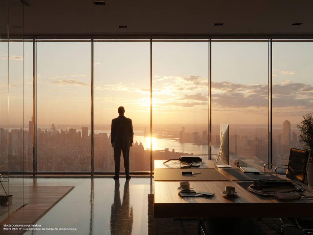 清潔感のある木の台の上に置かれた、小さな白い鉢から伸びる新しい芽。思考が整い、新しい変化が芽生える様子を象徴する静かな静物写真。