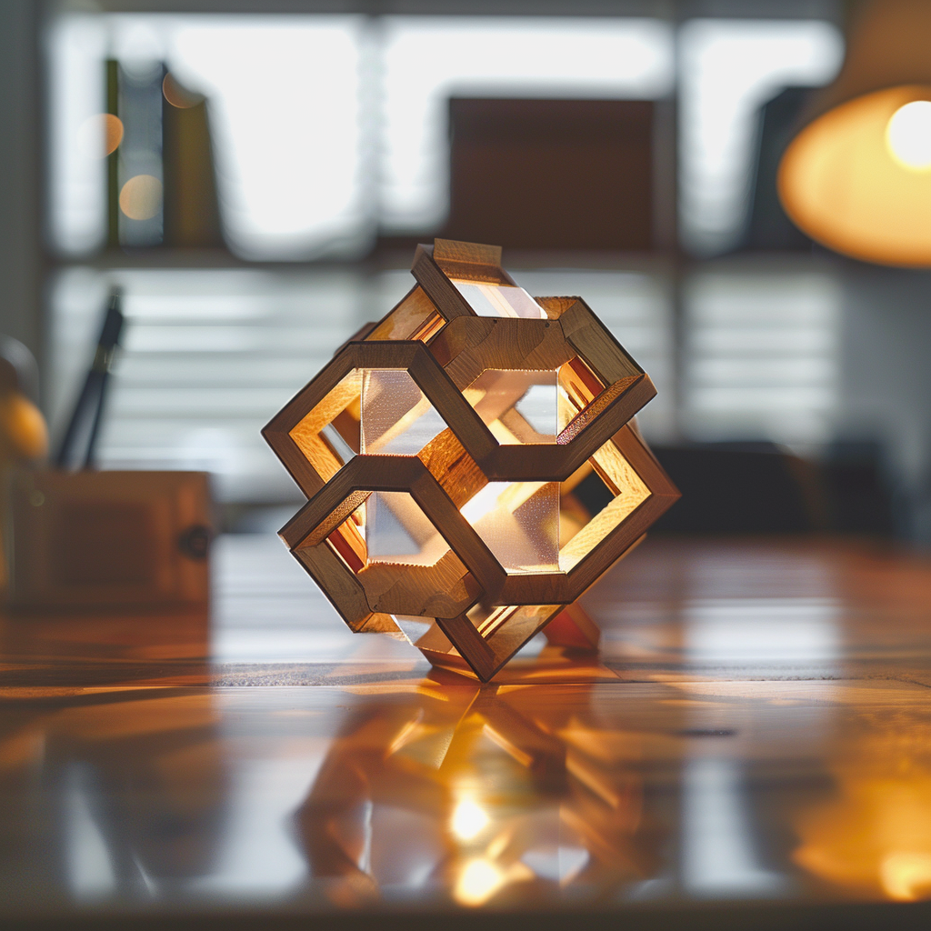 清潔でミニマルな木製デスクの表面のクローズアップ写真。中央には、磨かれたガラスと温かみのある木片が連なった、完璧な形状の幾何学的な立体が、表面からわずかに浮いている。それは内側から非常に柔らかく温かい光を放っている。植物の芽ではなく、整理され構造化された「思考のOS」を実体化させたもの。背景はぼんやりとしたホームオフィスのインテリア。透明感、構造、と確固たる新しい視点の誕生を表現。