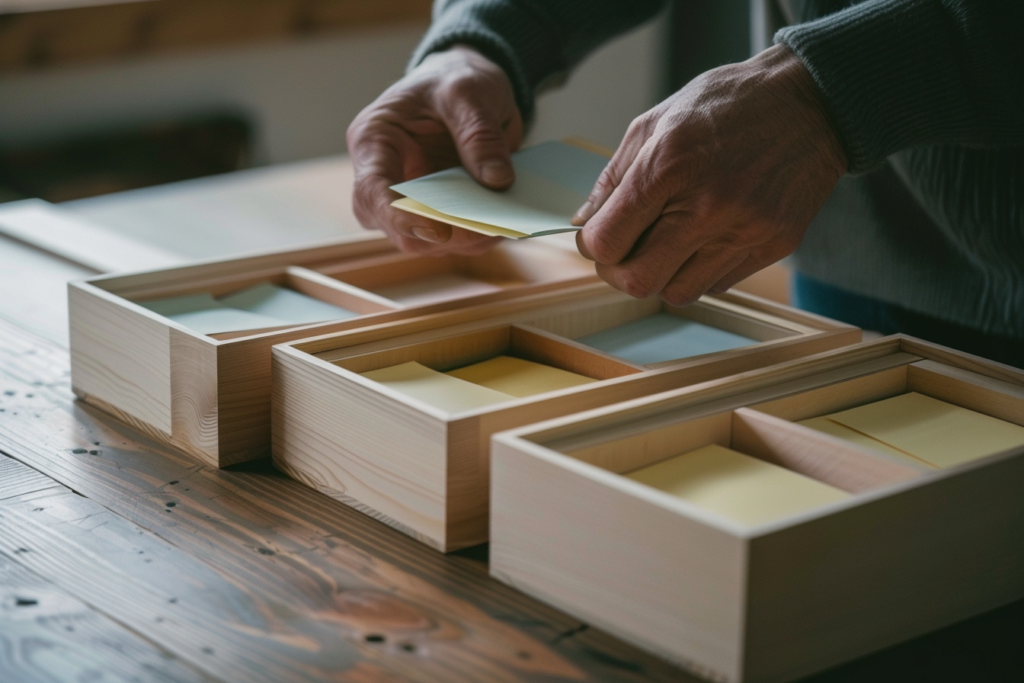 温かみのある木のテーブルの上で、手書きのメモを丁寧に仕分けていく様子。思考の一つひとつを大切に扱いながら、心の整理整頓を進めていく心地よいプロセス。