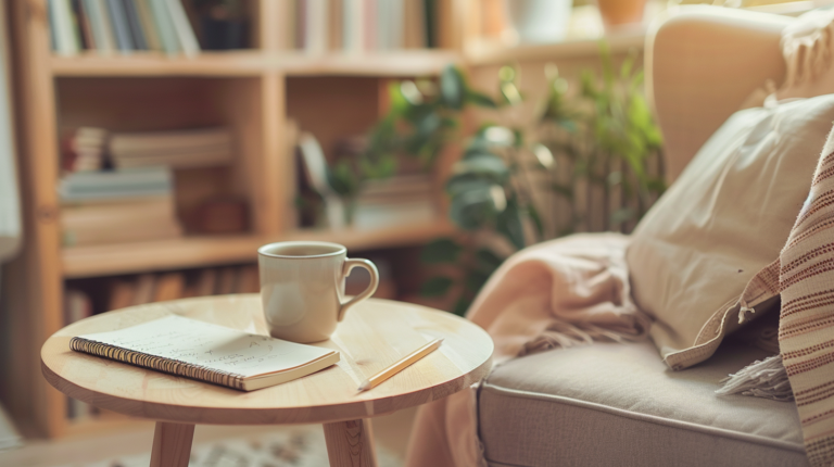 柔らかな日差しが差し込む部屋の片隅で、お気に入りのノートと色鉛筆、温かいお茶を傍らに、自分自身と向き合う静かな時間。心の中を整理するための穏やかな環境。