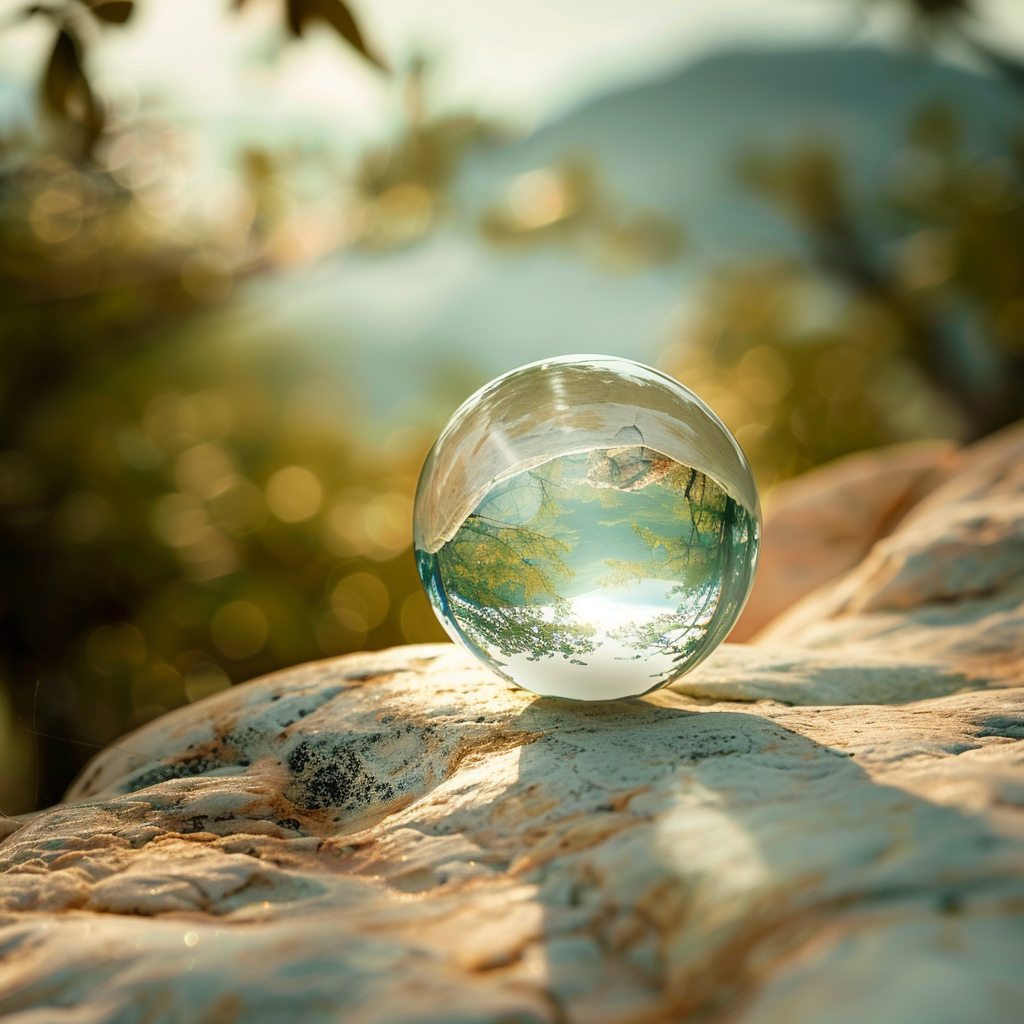 滑らかな石の上に置かれた、一点の曇りもない透明なガラス玉。周囲の景色をクリアに映し出す様子は、断捨離によって整えられた一点の迷いもない澄み切った心境を象徴している。
