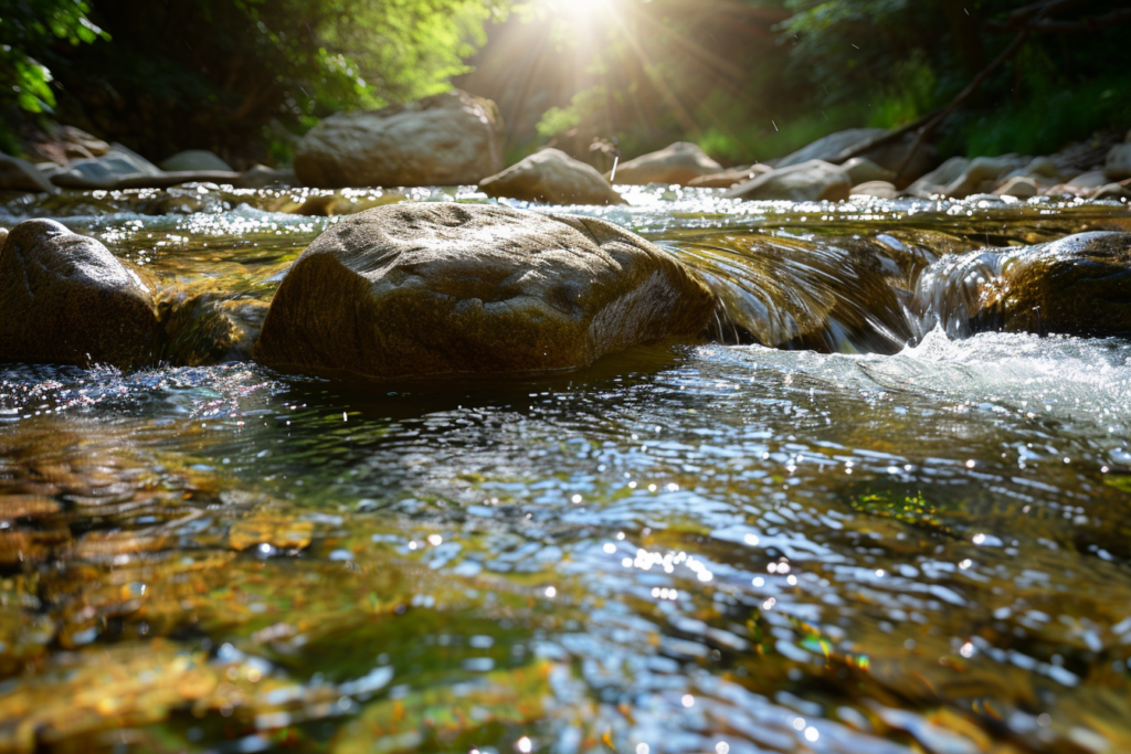 陽光を浴びて穏やかに流れる、透き通った美しい川