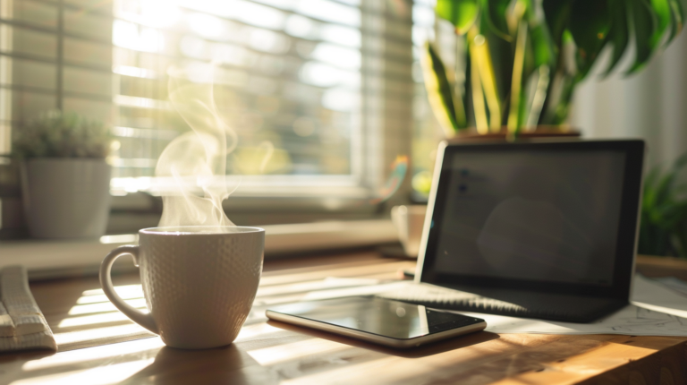 朝の光が差し込むデスクに置かれた、温かいコーヒーと『AI SPARRING METHOD』の文字が表示されたタブレットの風景