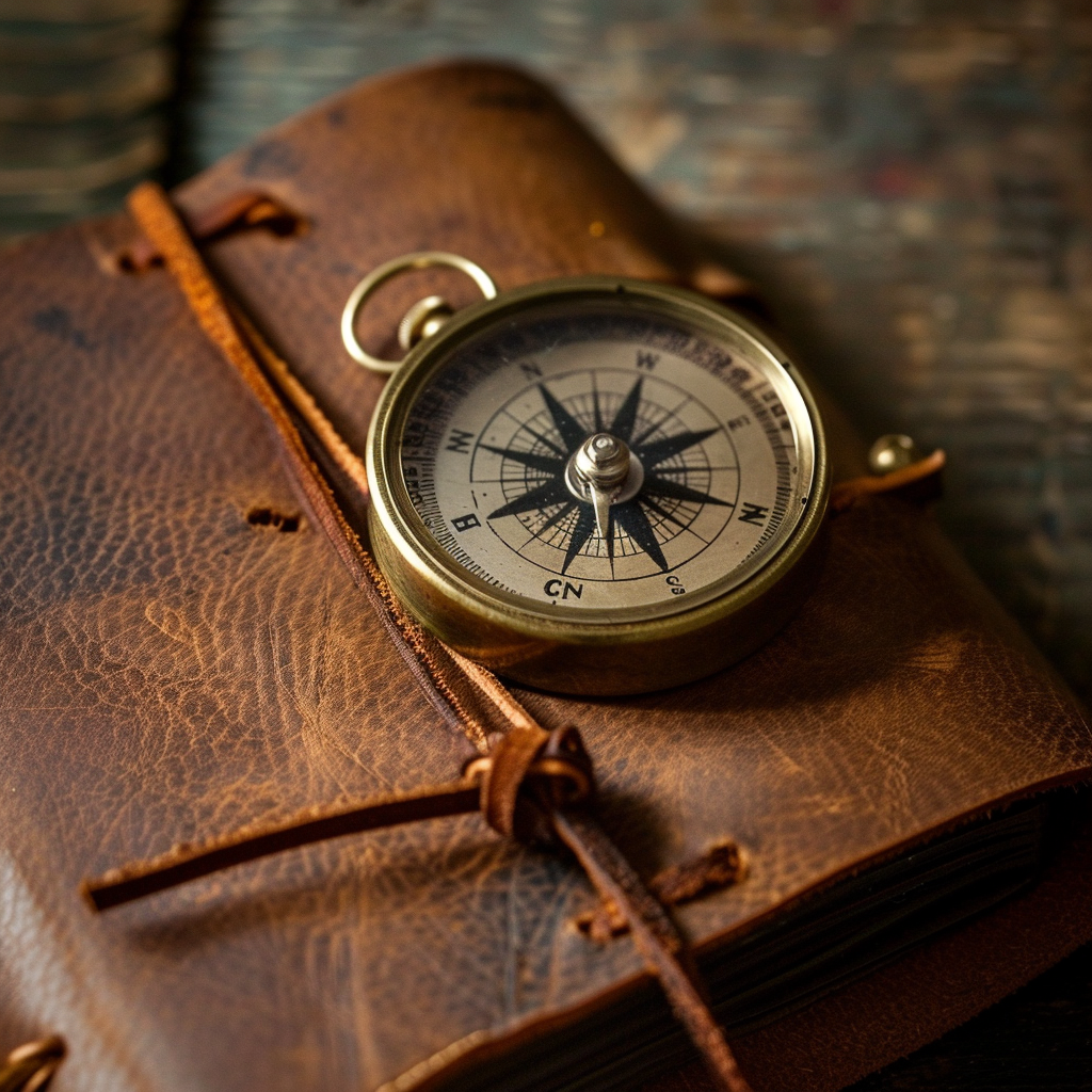 対話を通じて新たな視点や指針を見出すことを象徴する、上質な手帳の上に置かれた真鍮製の方位磁石