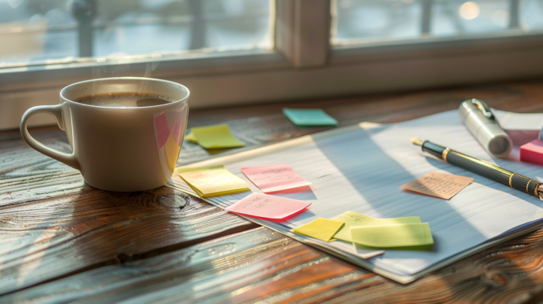 木目調のデスクに置かれた、付箋が貼られた白い紙と一本のペン、そして湯気が立つコーヒーカップの風景