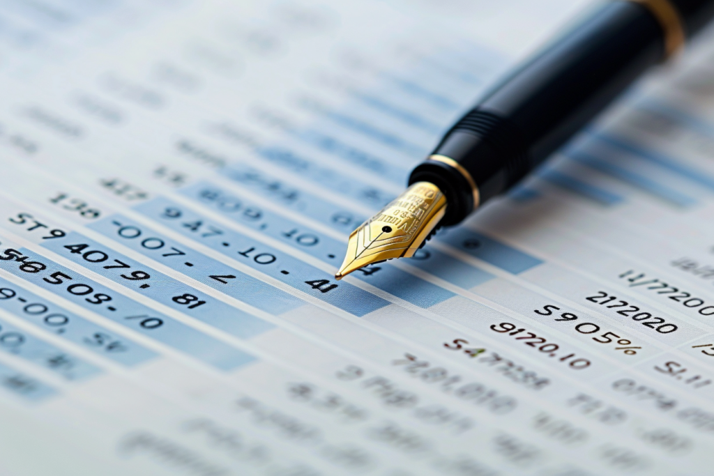 精密な数字が並ぶ報告書の上に、一本の高級な万年筆が静かに置かれている手元のクローズアップ