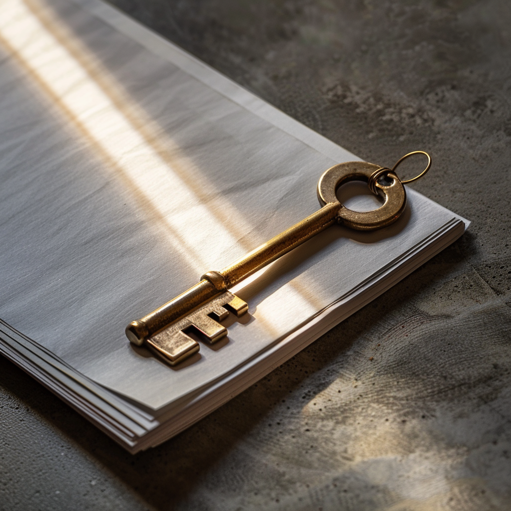 新たなリソースや可能性を解き放つ象徴として、書類の上に置かれた重厚感のある真鍮の鍵