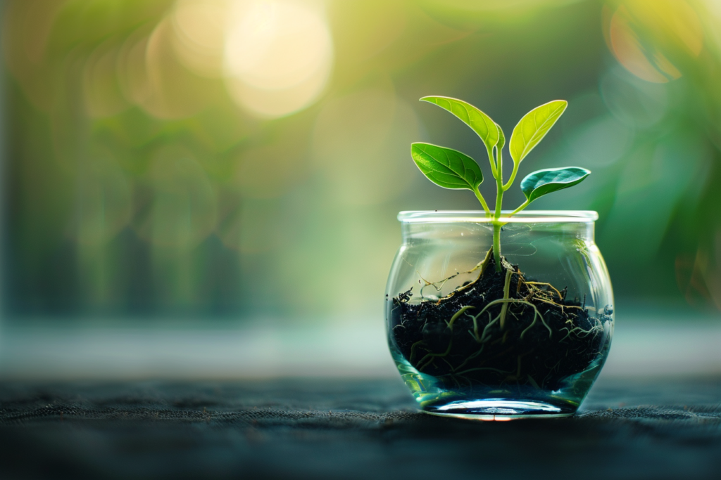 透明な器の中で、黒い土から力強く芽吹いた小さな若木のクローズアップ写真