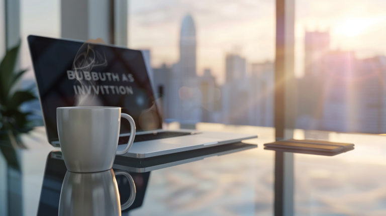 「予算計画の立て方を模索するデスクの風景と投資への思考法」朝の光が差し込むデスクに置かれた、温かいコーヒーと、モニターの風景