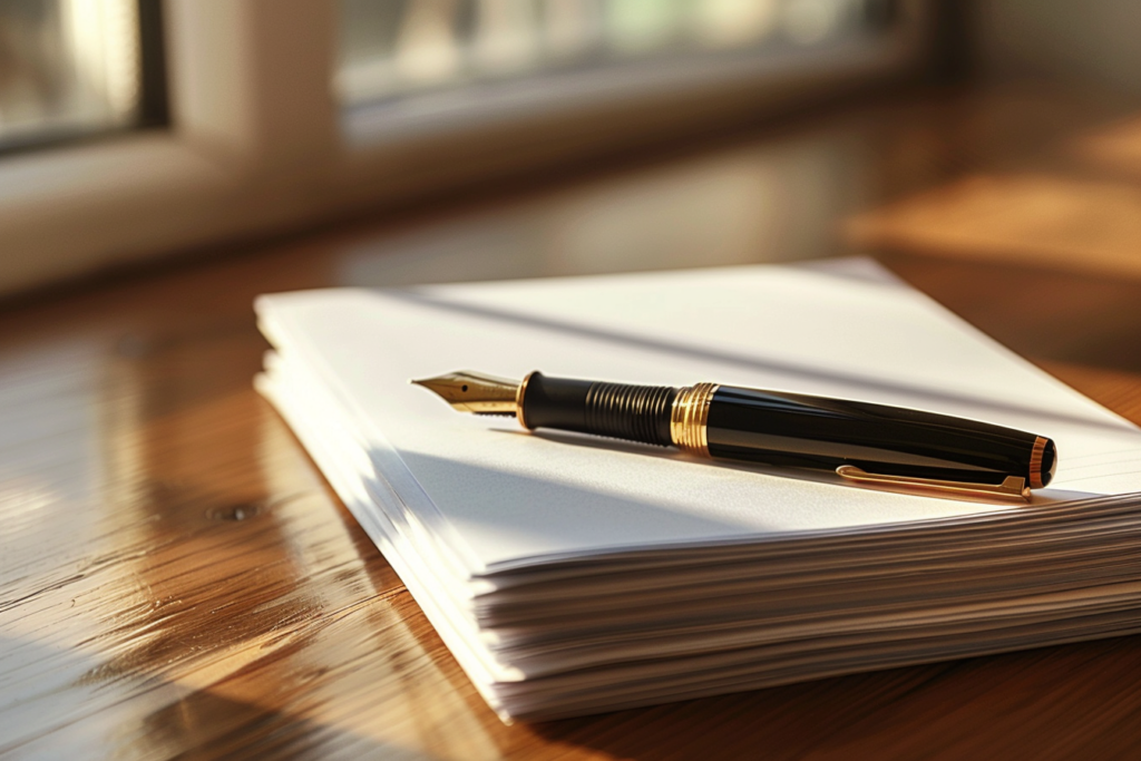 整然と並べられた書類と一本の万年筆が置かれた、落ち着いた雰囲気のワークスペース