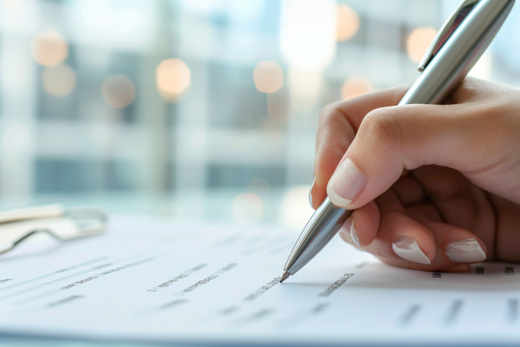 書類の項目をチェックし、次のアクションを確定させているビジネスパーソンの手元