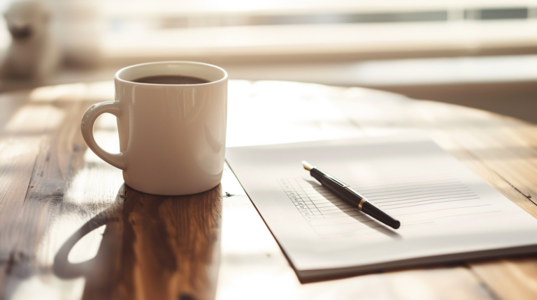A4のフレームワークが置かれたデスクに、一杯のコーヒーと万年筆が並ぶ仕事の風景