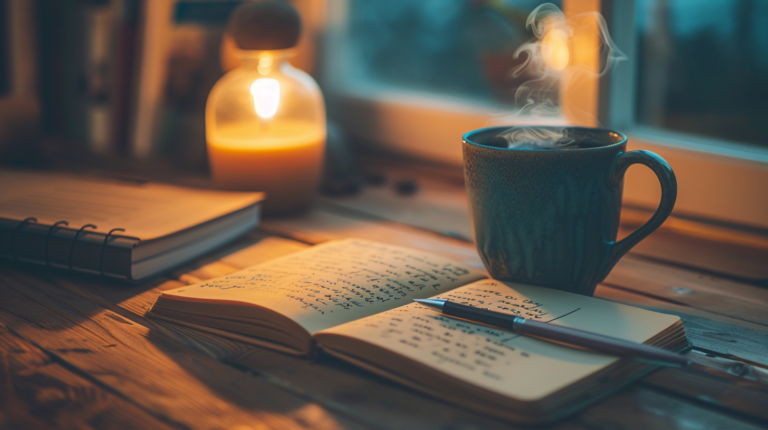 温かいコーヒーと「REFLECTION HABIT」と記されたノートが置かれた、一日の終わりに自分と向き合うための穏やかなデスクの風景