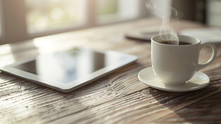 コーヒーが置かれたデスクで、タブレットに「TASK MANAGEMENT ILLUSION」と表示されている、静かな仕事の始まりの風景