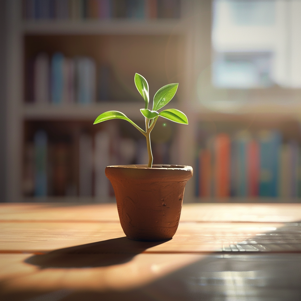 正しい管理によって得られる成長と成果を象徴する、柔らかな光を浴びた小さな若葉の鉢植え