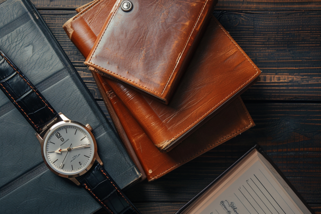 重厚なデスクに整然と積み上げられた本と、その横に静かに置かれたアナログ時計の俯瞰写真