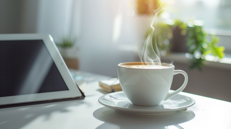 朝の柔らかな光が差し込むデスクに、温かいコーヒーと『TASK MANAGEMENT PRINCIPLES』の文字が表示されたタブレットが置かれた風景