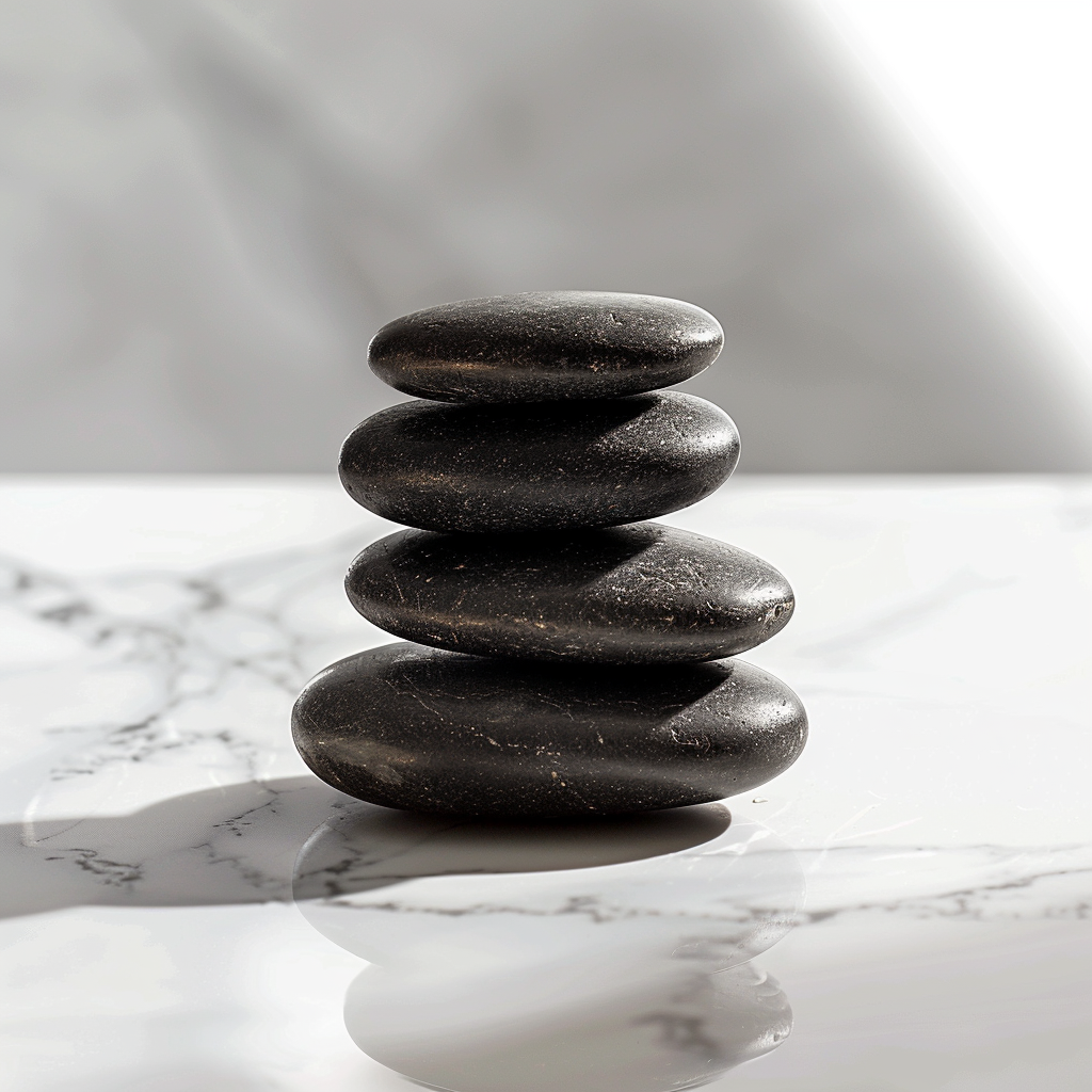 揺るぎない土台とバランスを象徴する、白大理石の上に積み上げられた滑らかな石のクローズアップ