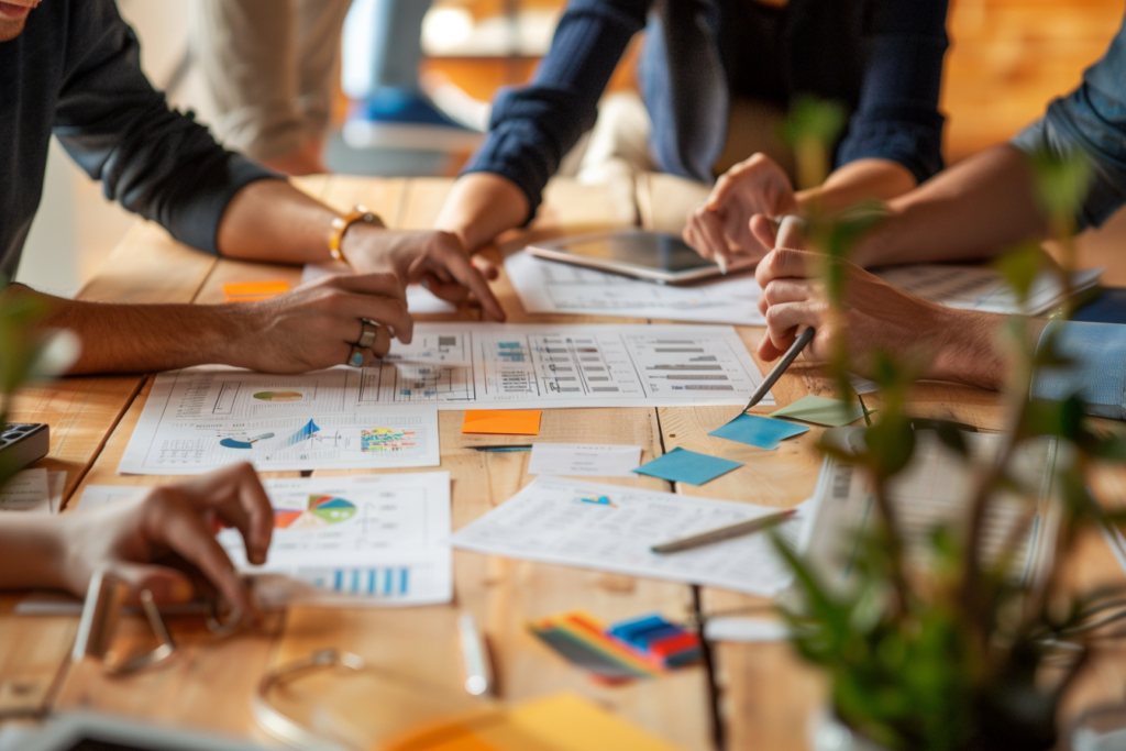 ワークフローの図を囲み、チームで改善案を出し合っている協力的な手元のクローズアップ