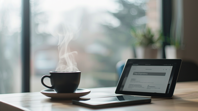 コーヒーが置かれたデスク上のタブレットに、チームの仕組み化を象徴するタイトルが表示されている風景