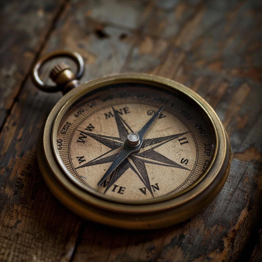 組織の指針と安定を象徴する、上質な手帳の上に置かれた重厚感のある方位磁石