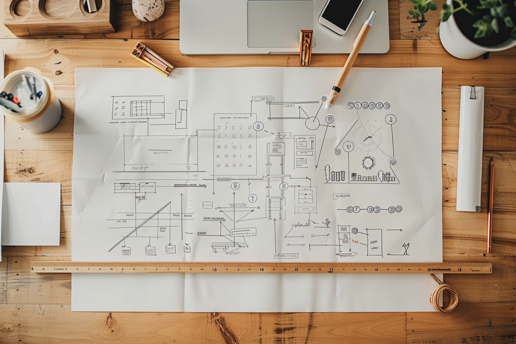 白い紙に美しく整理されたマインドマップと、その横に並ぶ定規とペンの俯瞰写真