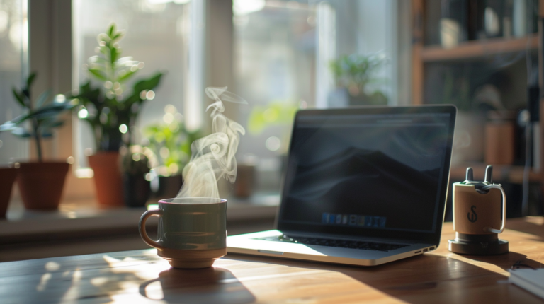 コーヒーが置かれたモダンなデスク上のPC画面に「THINKING OS ARCHITECTURE」の文字が表示されている風景