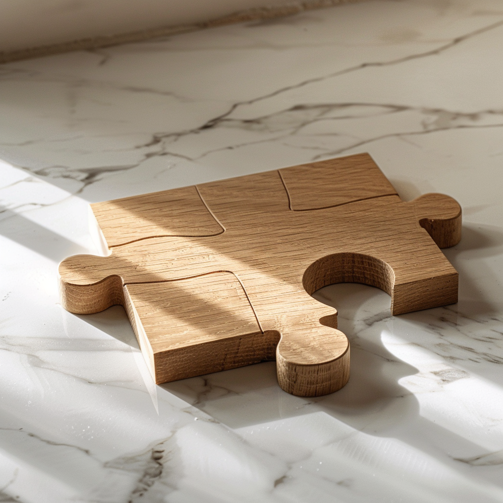 システムの一部として完璧に組み合わさることを象徴する、光を浴びて静かに置かれた木のパズルピース