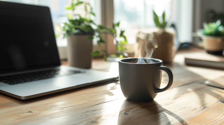 朝の光が差し込む清潔なデスクで、温かいコーヒーの横にあるPC画面
