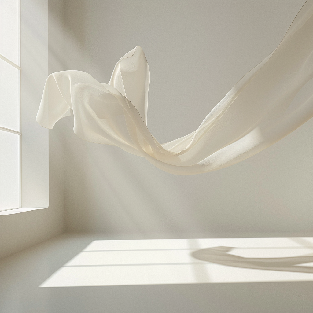 抵抗のないスムーズな思考の広がりを象徴する、明るい空間で美しく宙を舞う一枚の白いシルクリボン